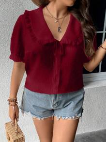 Flirla Áo sơ mi Plus Size viền lá sen Thắt nơ trước Nút phía trước màu trơn Dễ thương - Màu Đỏ Sâu - Xem 5