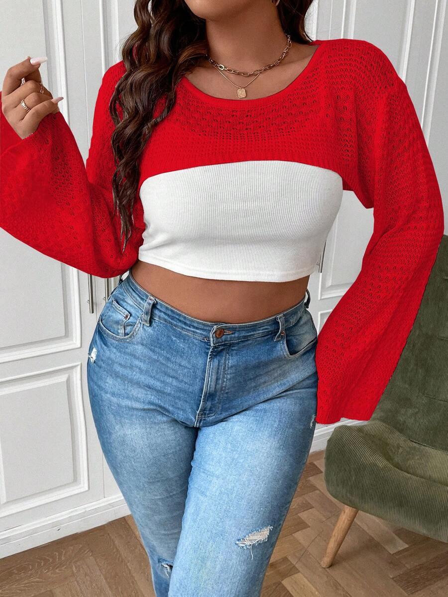 Calvaya Áo len Plus Size Cao thấp màu trơn Giải trí - Đỏ - Xem 1