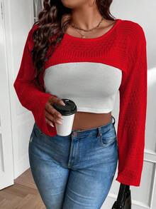 Calvaya Áo len Plus Size Cao thấp màu trơn Giải trí - Đỏ - Xem 5