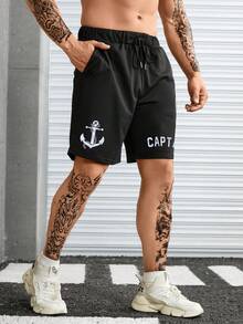 Manfinity Homme Men Plus Anchor & Letter Graphic Drawstring Waist Shorts - Black - View 4