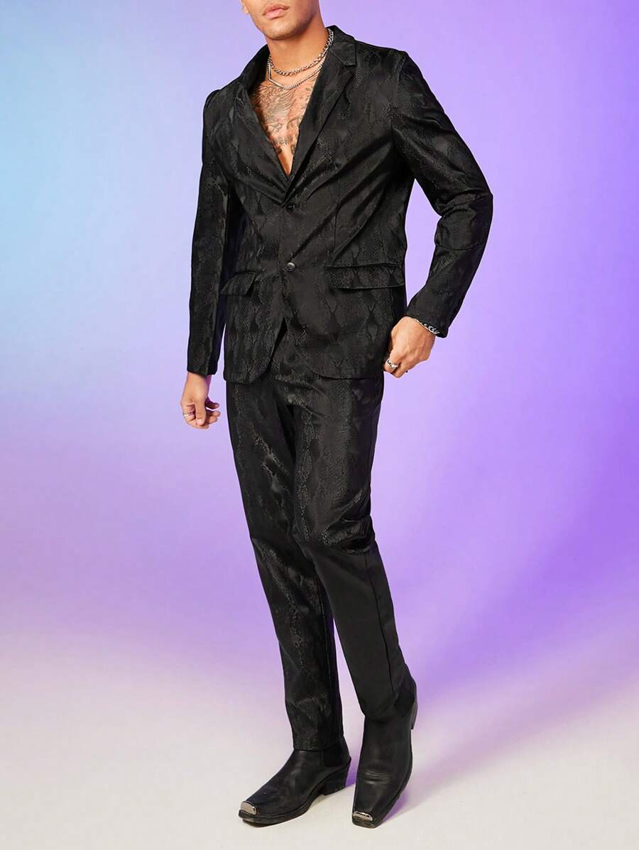 FeverCity Men Snakeskin Print PU Leather Single Breasted Blazer & Trousers - Black - View 1