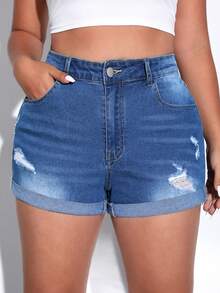 SHEIN EZwear Shorts en mezclilla de talle alto desgarro bajo de doblez - Azul lavado oscuro - Ver 5
