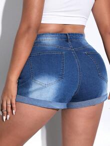 SHEIN EZwear Shorts en mezclilla de talle alto desgarro bajo de doblez - Azul lavado oscuro - Ver 2