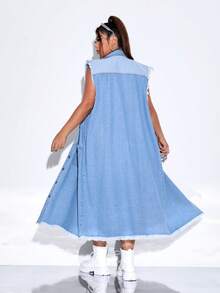 SHEIN Coolane Cazadora chaleco con bolsillo con solapa bajo crudo mezclilla - Azul lavado medio - Ver 2
