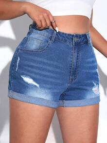 SHEIN EZwear Shorts en mezclilla de talle alto desgarro bajo de doblez - Azul lavado oscuro - Ver 6