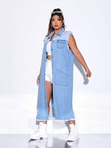 SHEIN Coolane Cazadora chaleco con bolsillo con solapa bajo crudo mezclilla - Azul lavado medio - Ver 3