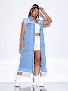 SHEIN Coolane Cazadora chaleco con bolsillo con solapa bajo crudo mezclilla - Azul lavado medio - Ver 5