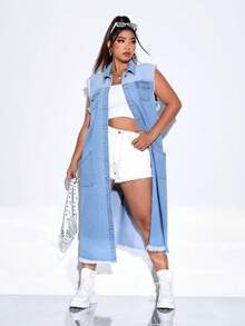 SHEIN Coolane Cazadora chaleco con bolsillo con solapa bajo crudo mezclilla - Azul lavado medio - Ver 6