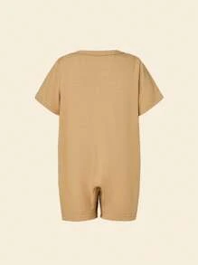 Cozy Pixies 男婴童2入組小熊印花前紐扣連身短褲 - 卡其色 - 查看 2