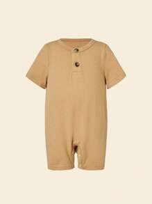 Cozy Pixies 男婴童2入組小熊印花前紐扣連身短褲 - 卡其色 - 查看 4