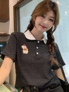 條紋印花刺繡Polo領T恤