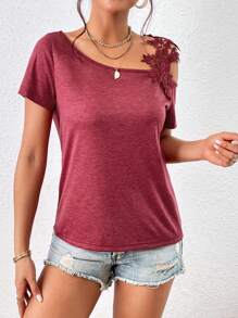 SHEIN Clasi Guipure Lace Asymmetrical Neck Tee - Burgundy - View 3