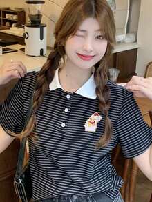 條紋印花刺繡Polo領T恤