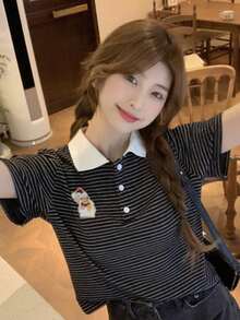 條紋印花刺繡Polo領T恤