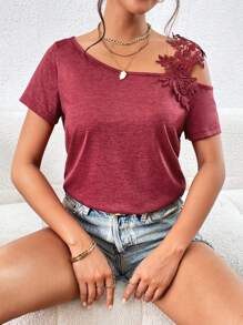 SHEIN Clasi Guipure Lace Asymmetrical Neck Tee - Burgundy - View 5