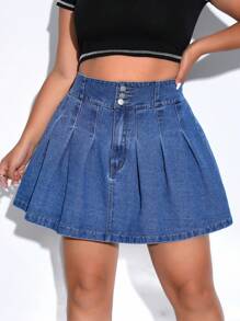 SHEIN Qutie Plus High Waist Pleated Denim Skirt - Medium Wash - View 1