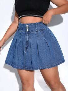 SHEIN Qutie Plus High Waist Pleated Denim Skirt - Medium Wash - View 5