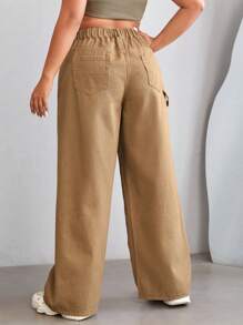 口袋純色大碼牛仔褲 - 卡其色 - 查看 1