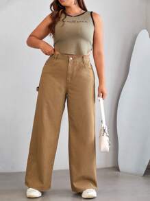 口袋純色大碼牛仔褲 - 卡其色 - 查看 5