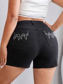 SHEIN EZwear Plus Fire Embroidery Denim Shorts - Black - View 1