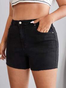 SHEIN EZwear Plus Fire Embroidery Denim Shorts - Black - View 2