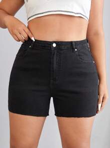 SHEIN EZwear Plus Fire Embroidery Denim Shorts - Black - View 3