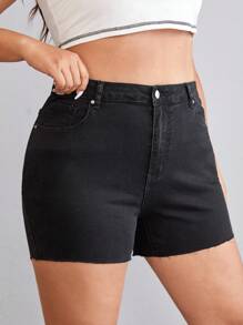 SHEIN EZwear Plus Fire Embroidery Denim Shorts - Black - View 4