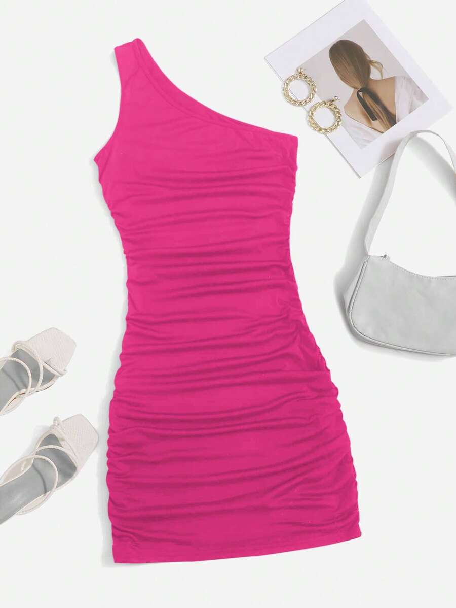 Chiquease One Shoulder Ruched Bodycon Dress - Hot Pink - View 1