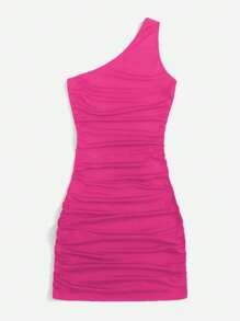 Chiquease One Shoulder Ruched Bodycon Dress - Hot Pink - View 2