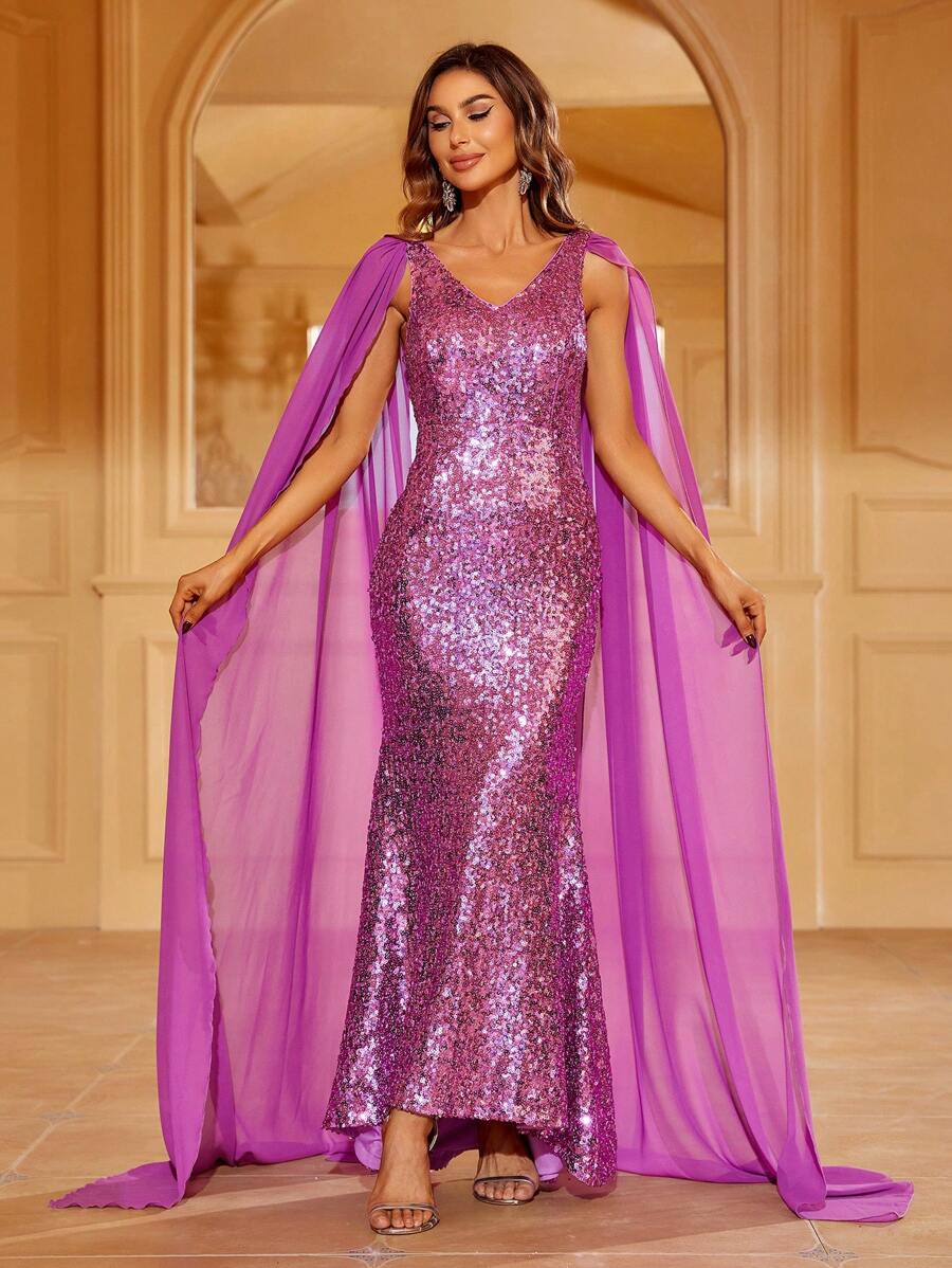 亮片拼接斗篷袖魚尾裙下擺正式洋裝 - 淡紫色 - 查看 1