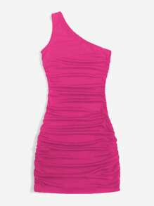 Chiquease One Shoulder Ruched Bodycon Dress - Hot Pink - View 4