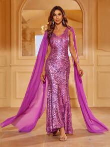 亮片拼接斗篷袖魚尾裙下擺正式洋裝 - 淡紫色 - 查看 4