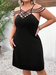 SHEIN Unity Đầm Plus Size Hội Chữ thập màu trơn Giải trí - màu đen - Xem 3
