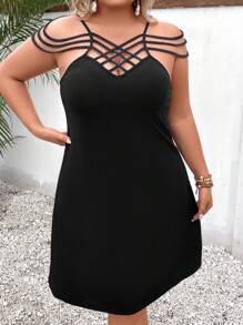 SHEIN Unity Đầm Plus Size Hội Chữ thập màu trơn Giải trí - màu đen - Xem 4