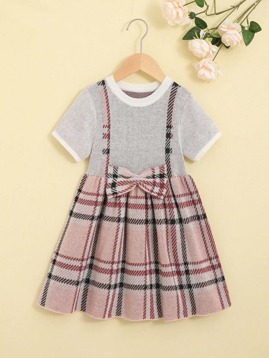 SHEIN Toddler Girls Plaid Bow Front 2 In 1 Jumper Dress - Multicolor - View 1