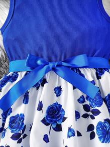 SHEIN Tween Girls' Elegant  Knitted Printed Waist-Cinching Dress - Blue and White - View 4