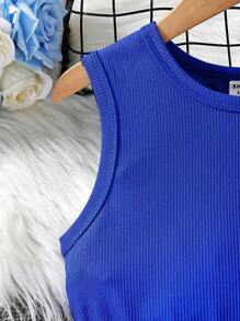 SHEIN Tween Girls' Elegant  Knitted Printed Waist-Cinching Dress - Blue and White - View 6