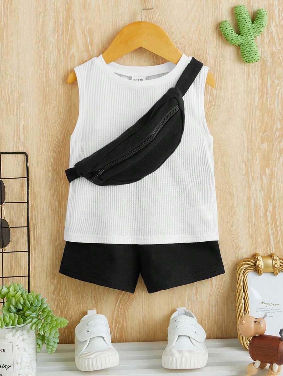 SHEIN Baby Boy Solid Tank Top & Shorts & Bag