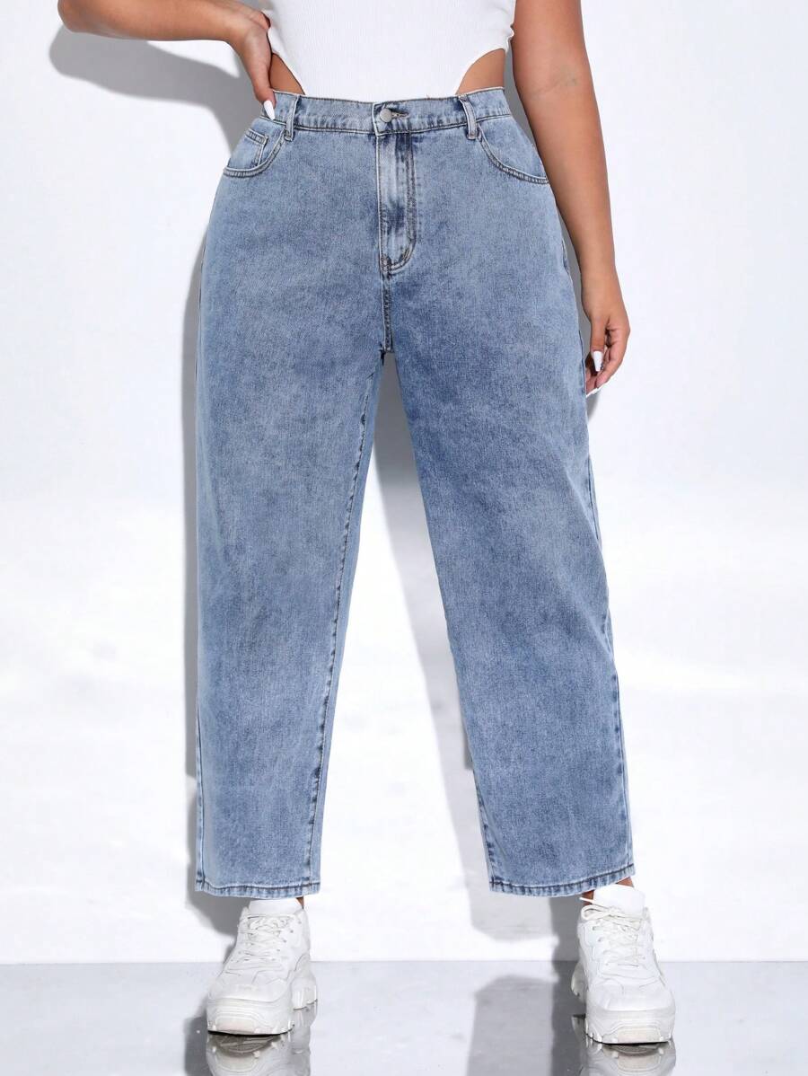 SHEIN EZwear Quần Denim kích thước lớn Nút Túi Dây kéo màu trơn - Rửa trung bình - Xem 1