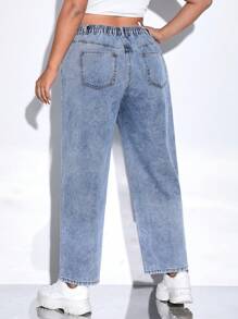 SHEIN EZwear Quần Denim kích thước lớn Nút Túi Dây kéo màu trơn - Rửa trung bình - Xem 2