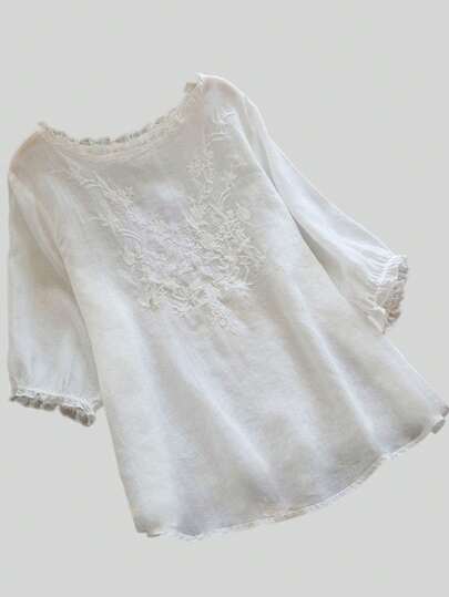 Floral Embroidery High Low Hem Blouse