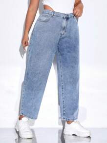 SHEIN EZwear Quần Denim kích thước lớn Nút Túi Dây kéo màu trơn - Rửa trung bình - Xem 5