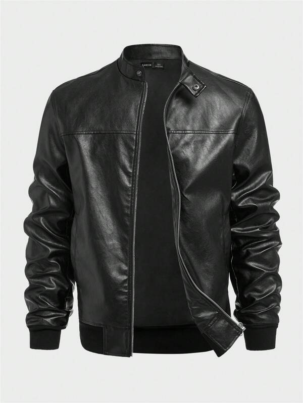 Manfinity BRENVOR Men Zip Up Pu Leather Plain Long Sleeve Vintage Urban Motorcycle Jacket, For Husband, For Fall Winter