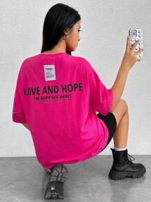 SHEIN EZwear Áo thun nữ Đắp vá Slogan Giải trí - Màu Hồng Tươi - Xem 2