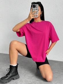 SHEIN EZwear Áo thun nữ Đắp vá Slogan Giải trí - Màu Hồng Tươi - Xem 3