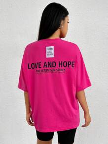 SHEIN EZwear Áo thun nữ Đắp vá Slogan Giải trí - Màu Hồng Tươi - Xem 5