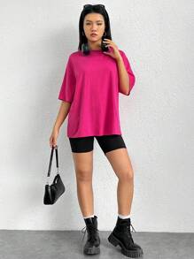 SHEIN EZwear Áo thun nữ Đắp vá Slogan Giải trí - Màu Hồng Tươi - Xem 6
