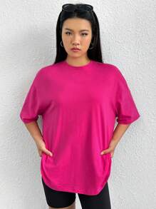 SHEIN EZwear Áo thun nữ Đắp vá Slogan Giải trí - Màu Hồng Tươi - Xem 7