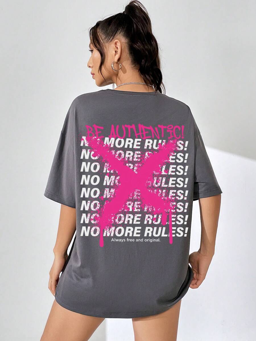 SHEIN EZwear Áo thun oversize hở vai họa tiết khẩu hiệu, dành cho cả nam và nữ - Màu xám đen - Xem 1