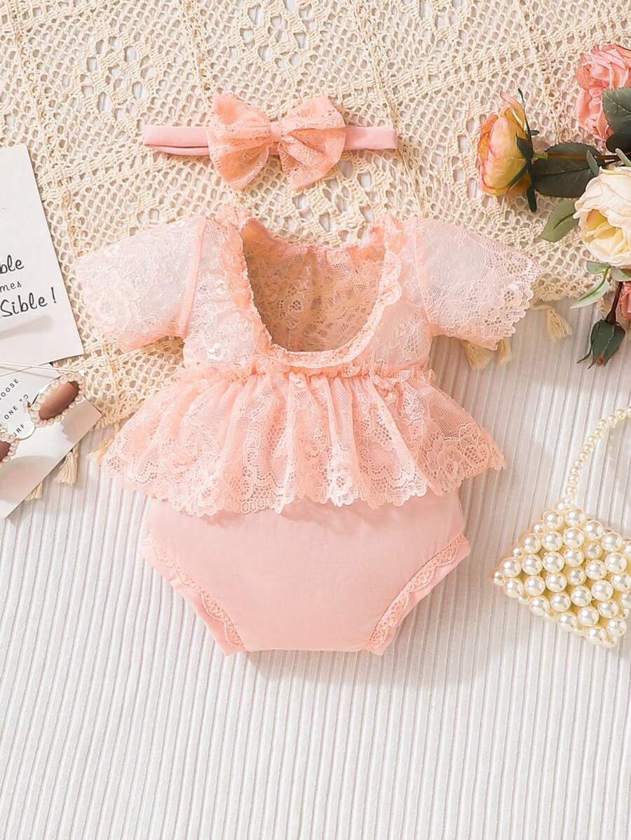 SHEIN Đạo cụ chụp ảnh cho trẻ sơ sinh Tương phản ren Xù màu trơn - Màu Hồng baby - Xem 1
